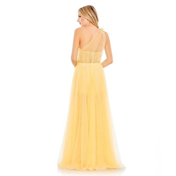 Mac Duggal Embellished Tulle One Shoulder High Low Gown Lemon Yellow 50661 prom - Picture 3 of 11